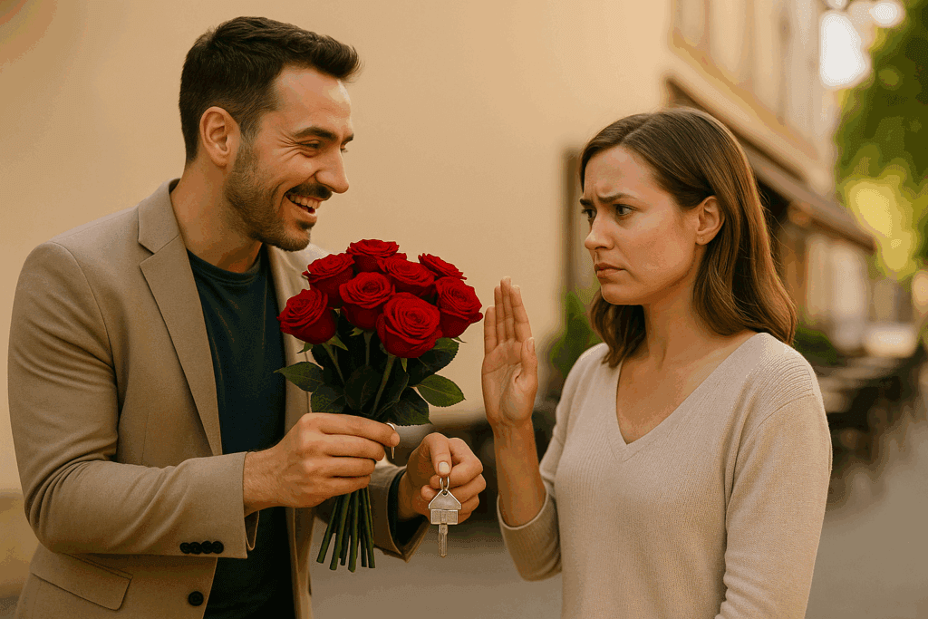 Main tenant un téléphone rempli de messages amoureux insistants, ambiance rouge/beige RedDingue