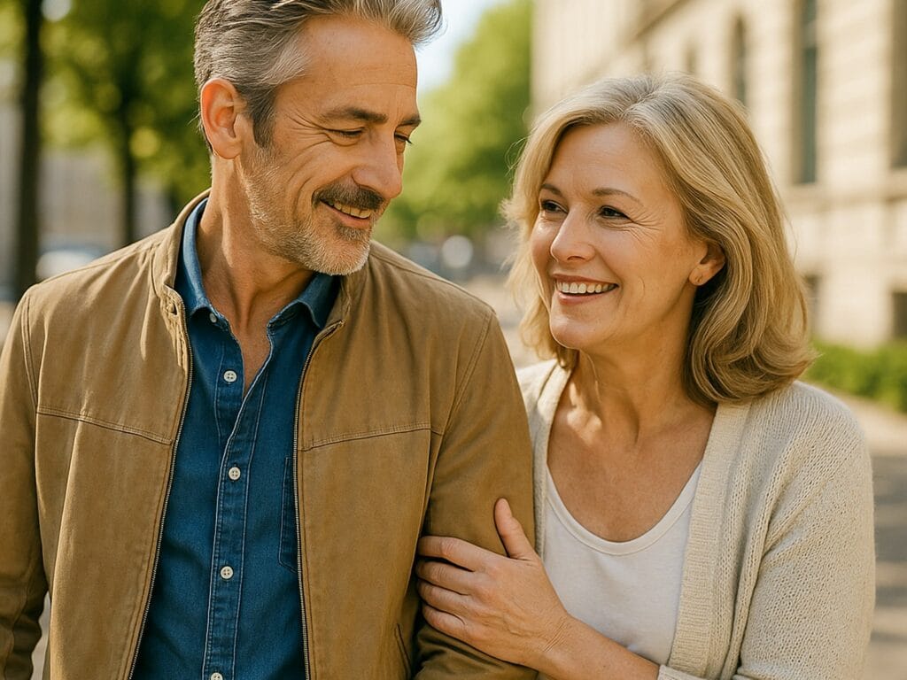 Couple de 50 ans marchant ensemble, souriants — coaching amoureux RedDingue.