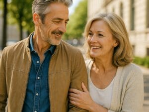 Couple de 50 ans marchant ensemble, souriants — coaching amoureux RedDingue.