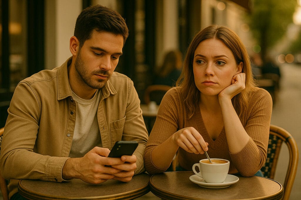 Relation floue : un homme regarde son smartphone pendant que sa compagne, la trentaine, s’ennuie devant une tasse de café.